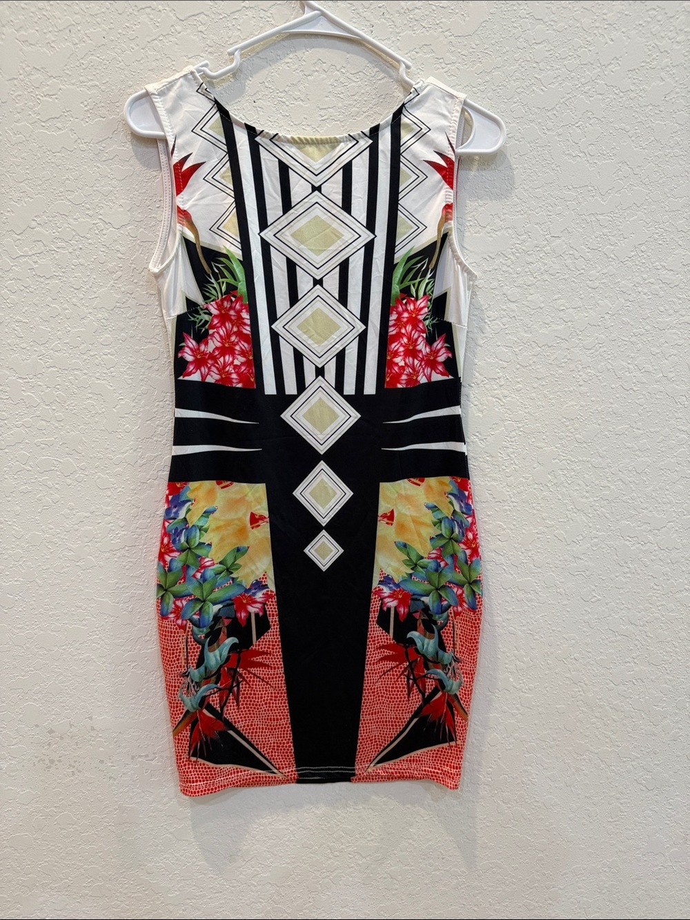 Geometric Floral Bodycon Mini Dress - Black & Multicolor